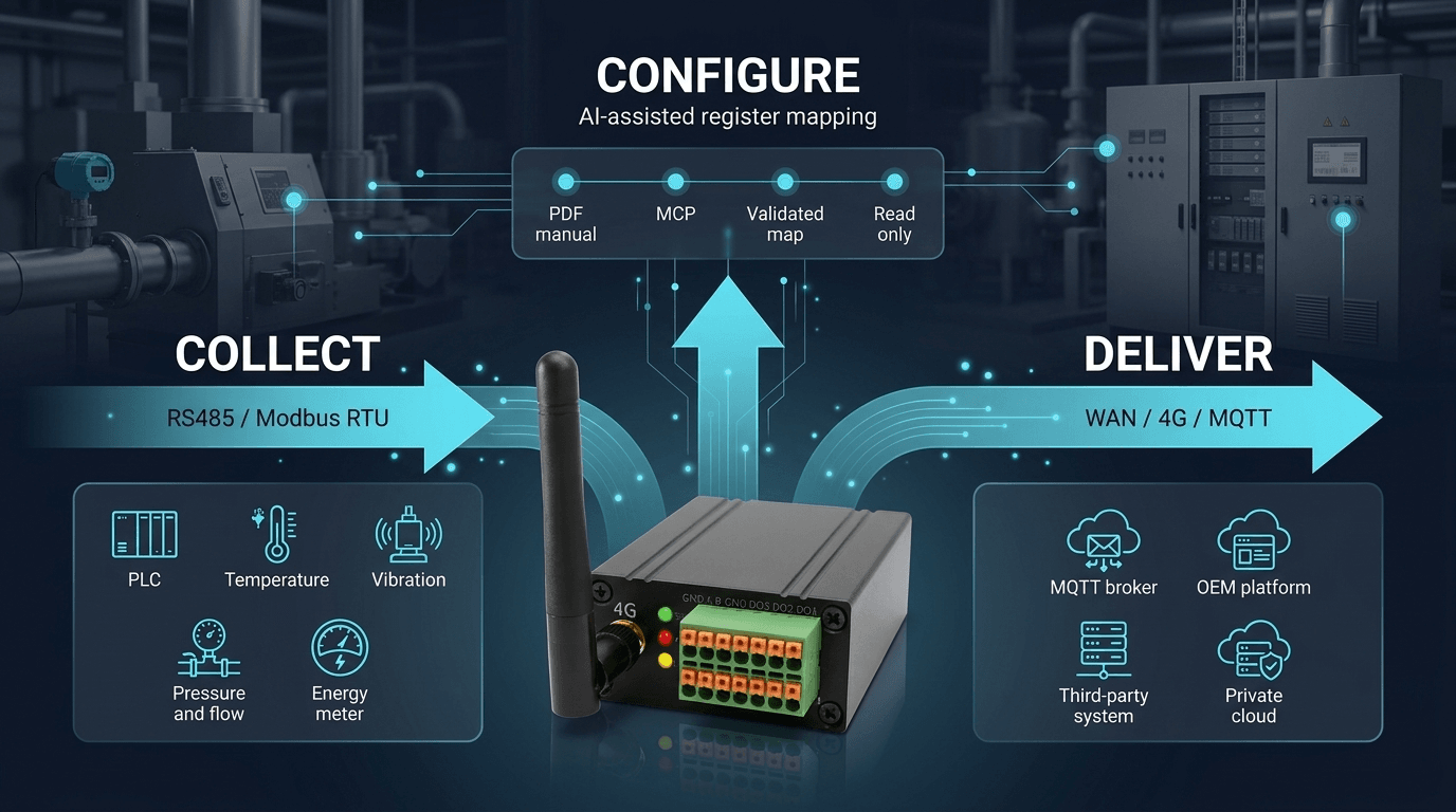 QuickDesk ATU 通过 Modbus RTU 采集设备数据，借助 AI 完成寄存器映射，并通过 4G 与 MQTT 推送